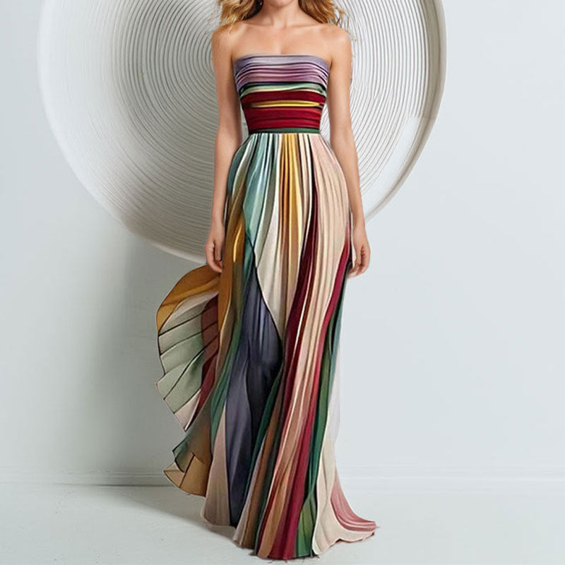 Damen Elegantes Maxikleid mit gerafftem Oberteil und farbenfrohem Streifenmuster Drune
