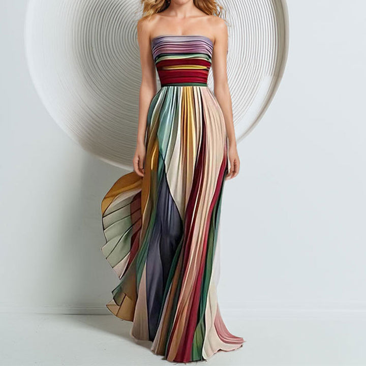 Damen Elegantes Maxikleid mit gerafftem Oberteil und farbenfrohem Streifenmuster Drune