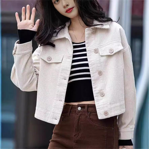 Damen Modische Kordjacke mit lässigem Schnitt und überschnittenen Schultern Drune