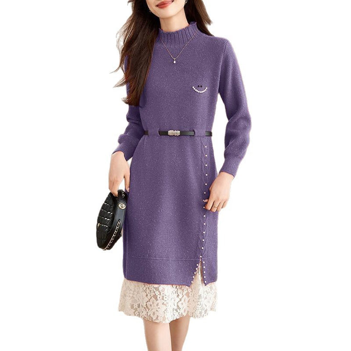 Damen Strickkleid mit modischen Perlendetails und elegantem Gürtel Drune