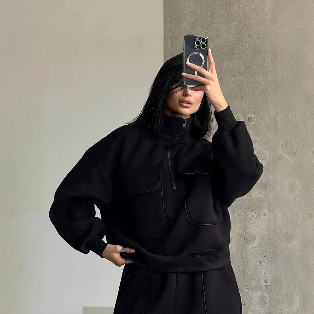 Damen nan Oversize Halbzip-Sweatshirt mit aufgesetzten Klappentaschen und Kontrastpaspeln Drune