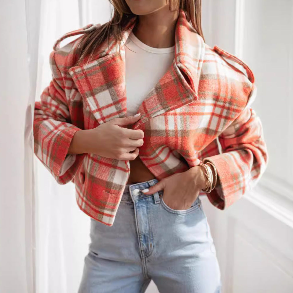 Damen Kurzjacke mit kariertem Muster und weichem Fleece Drune