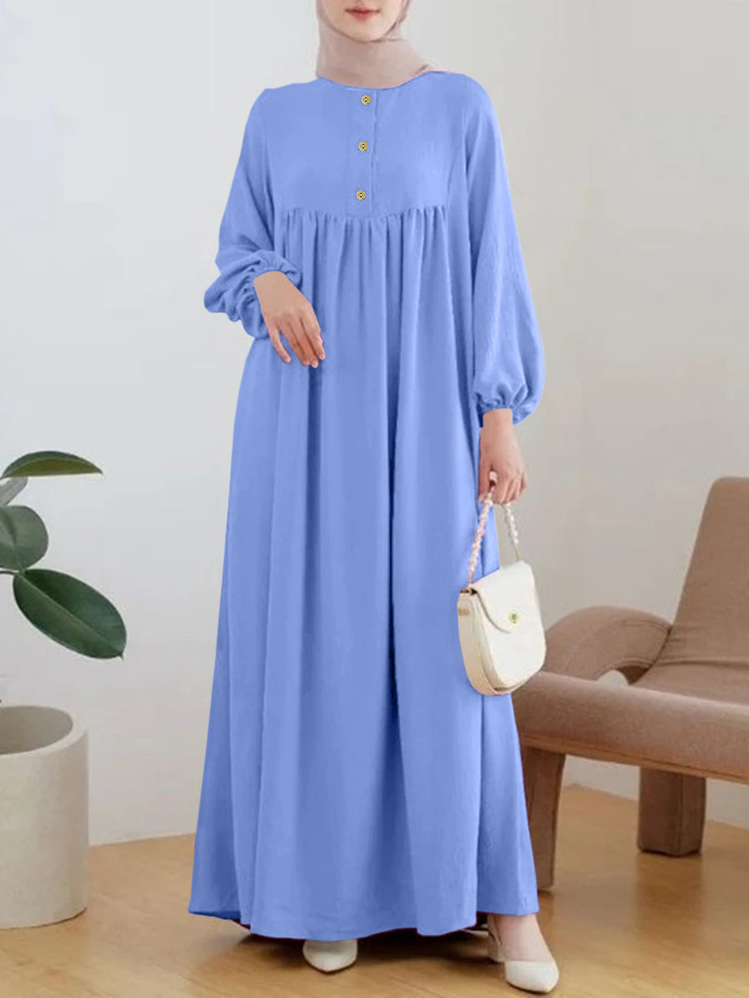 Damen luftiges Maxikleid mit bequemer Knopfleiste und eleganten Puffärmeln Drune
