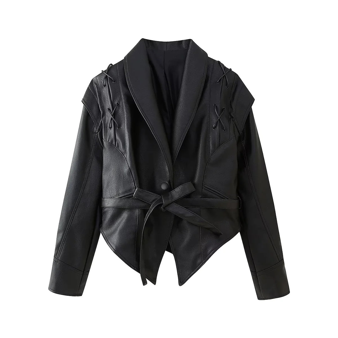 Damen modische Kunstlederjacke mit stilvollem Gürteldetail und elegantem Design Drune