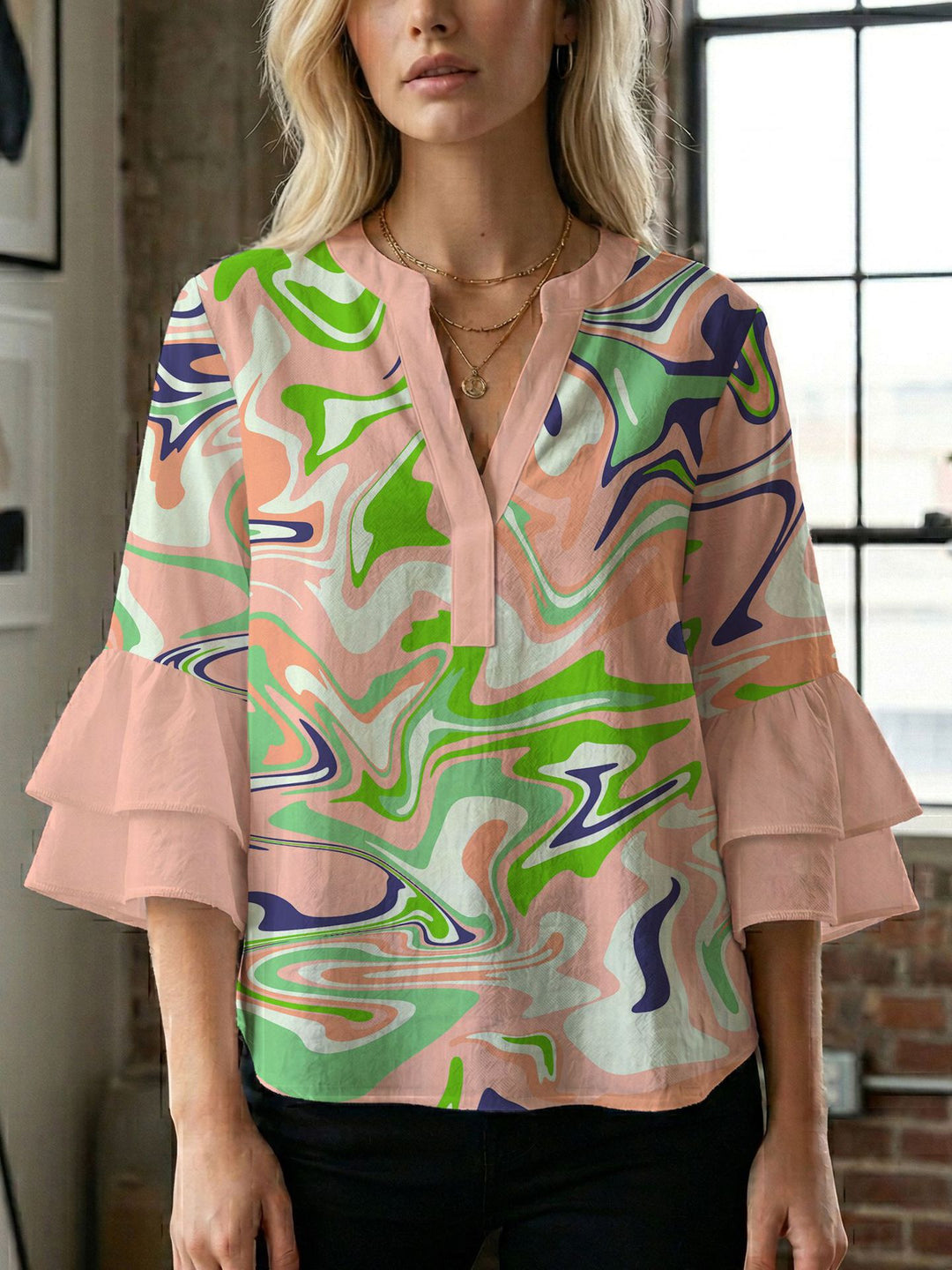 Damen Blusenshirt mit voluminösen Ärmeln und kreativem Druckdesign Drune