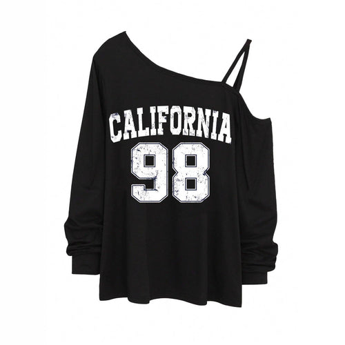 Damen nan lässiges One-Shoulder Sweatshirt mit Zierträgern und Vintage College-Print Drune