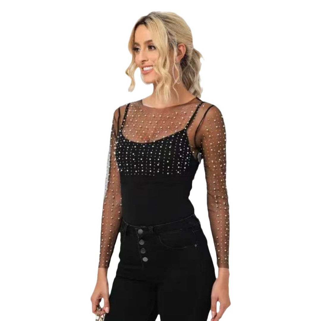 Damen Elegantes Oberteil mit transparenten Ärmeln und funkelnden Pailletten Drune