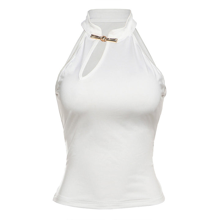 Damen modernes Hochkragen Top mit elegantem Schlitz und goldener Akzent Drune