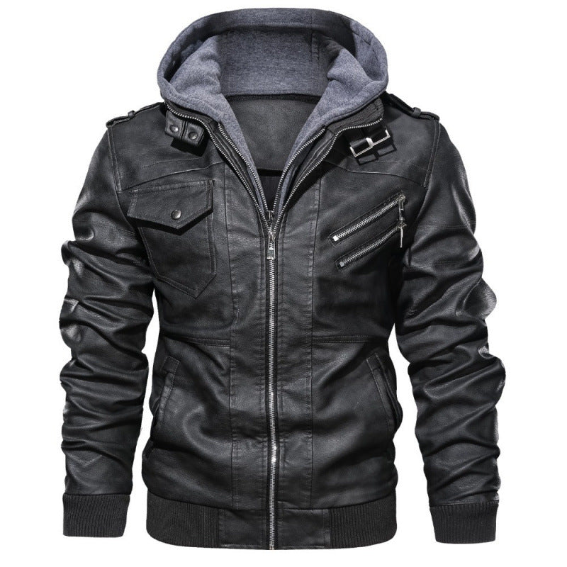 Herren Lederjacke im modernen Biker-Stil mit abnehmbarer Kapuze Drune