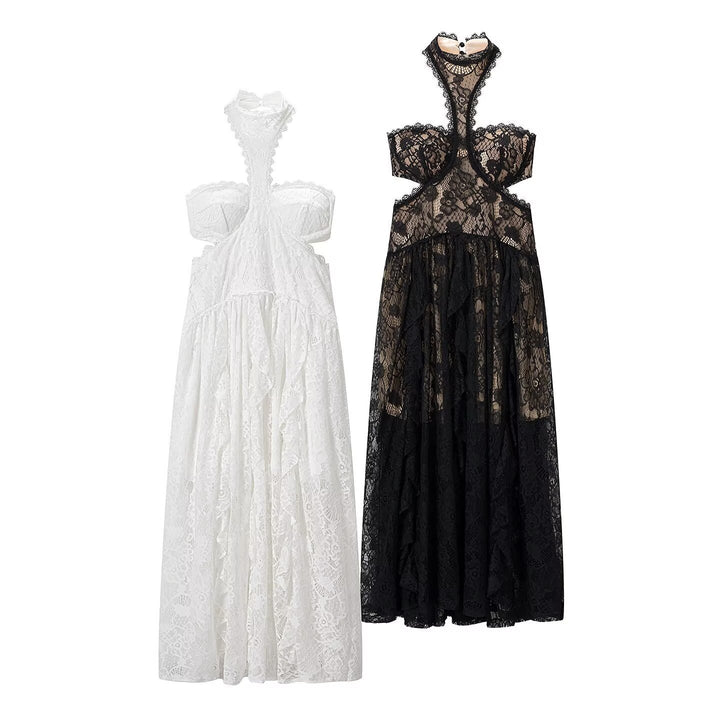 Damen Spitzenmaxikleid mit raffinierten Rüschendetails und elegantem Halterneck Drune