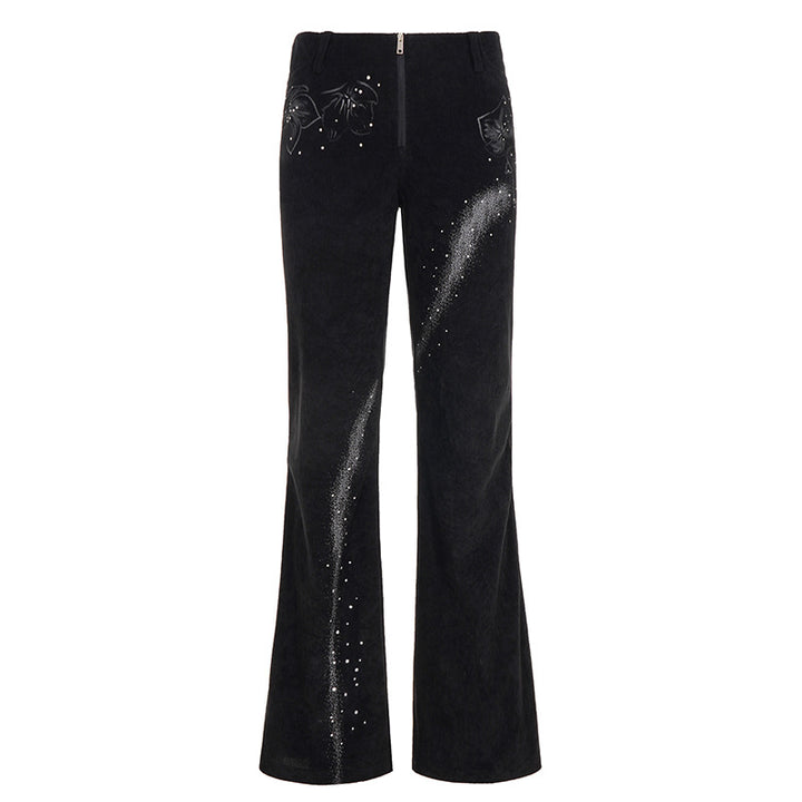 Damen Flared Cordhose mit floralem Design und Glitzerakzenten Drune