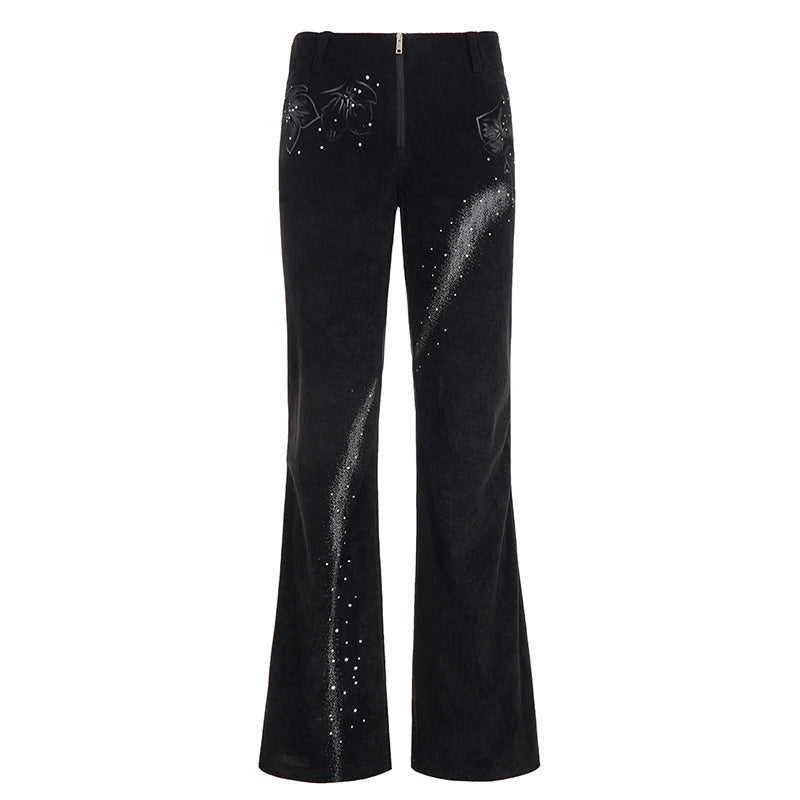 Damen nan ausgestellte Cordhose mit Glitzerstreifen und Blumenstickerei, hoher Bund Drune
