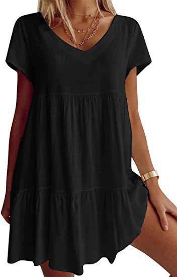Damen lässiges und leichtes Sommerkleid mit V-Ausschnitt und voluminösem Rock Drune