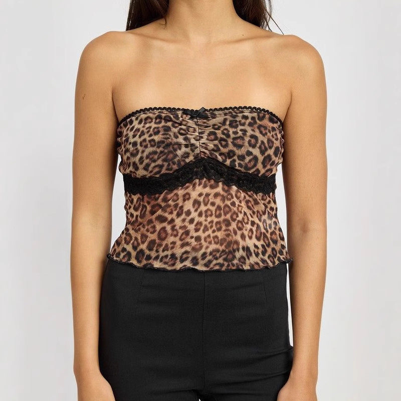 Damen Bandeau-Top mit trendigem Leopardenmuster und zarter Spitzenkante Drune