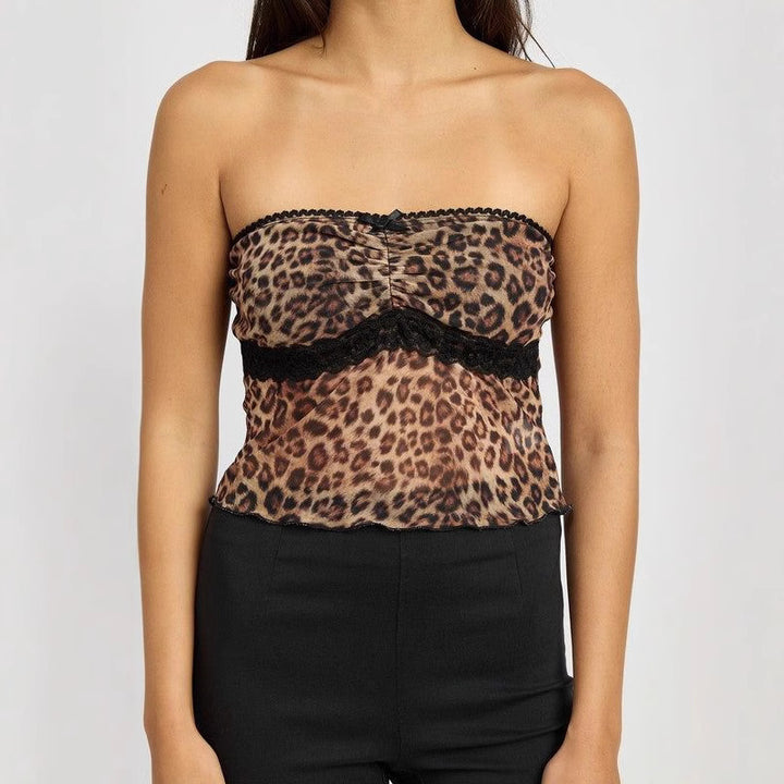 Damen Bandeau-Top mit trendigem Leopardenmuster und zarter Spitzenkante Drune