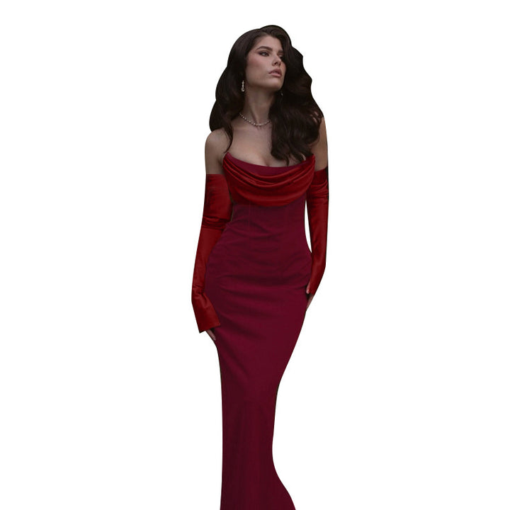 Damen Langarm Abendkleid mit elegantem Wasserfall-Ausschnitt und figurbetontem Schnitt Drune
