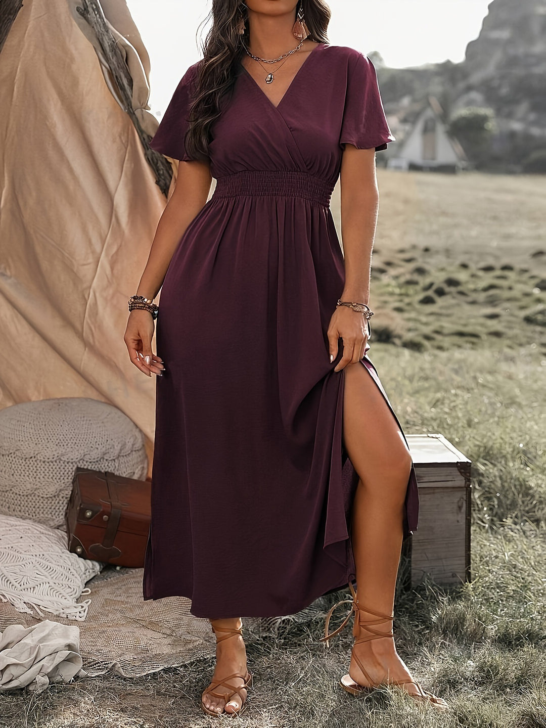 Damen Elegantes Maxikleid mit Wickeloptik und Puffärmeln Drune