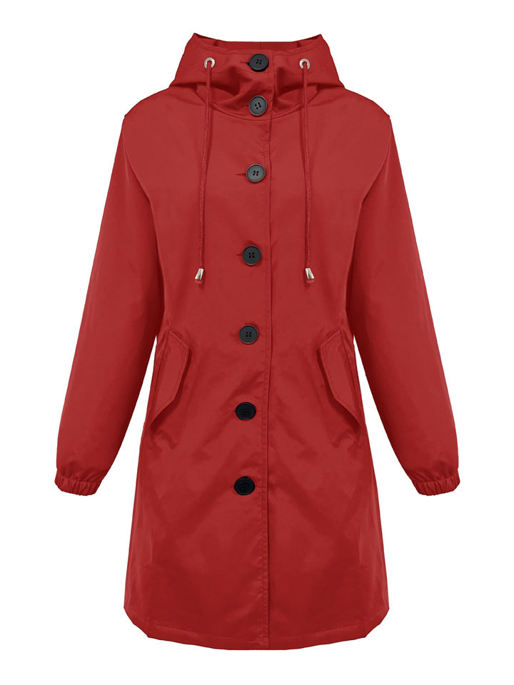 Damen nan leichter Regenparka mit Kapuze, überlanger Knopfleiste, Tunnelzug und aufgesetzten Taschen Drune