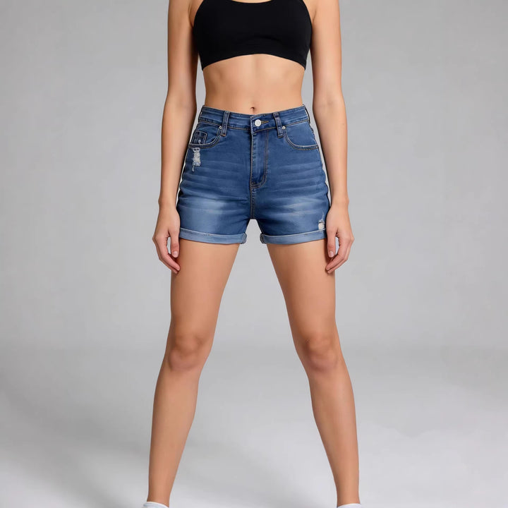 Damen High-Waist Denim-Shorts mit lässigem Schnitt und modernen Destroyed-Details Drune
