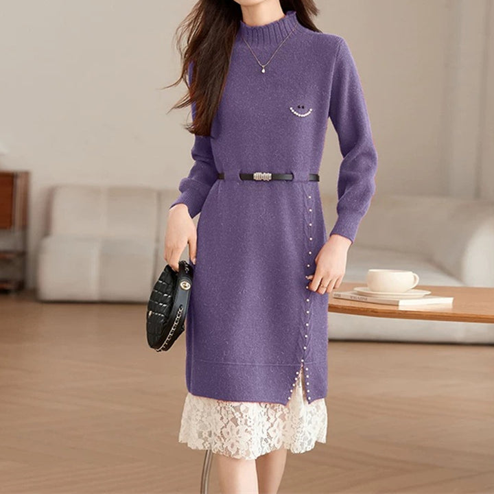 Damen Strickkleid mit dekorativen Knopfdetails und Spitze Drune