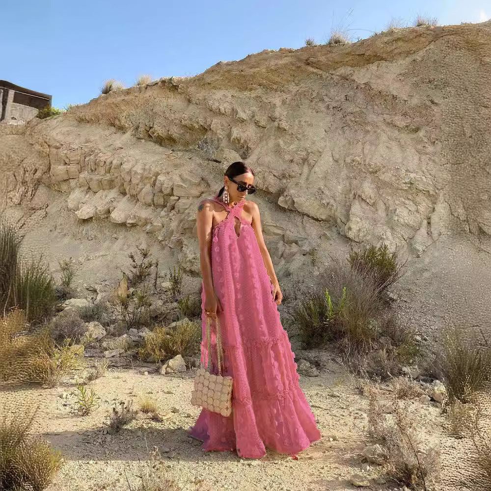 Damen Maxikleid mit raffinierter Stickerei und offenem Rückendesign Drune