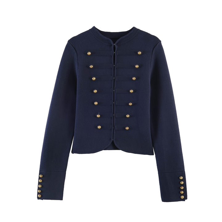 Damen nan military-inspirierte Kurzjacke mit runder Halslinie, taillierter Silhouette und goldfarbenen Zierknöpfen Drune