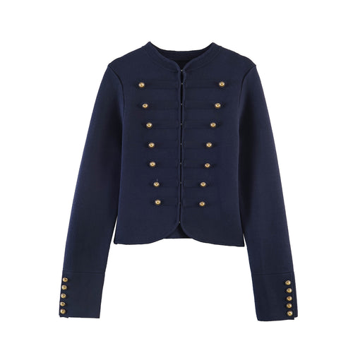 Damen nan military-inspirierte Kurzjacke mit runder Halslinie, taillierter Silhouette und goldfarbenen Zierknöpfen Drune