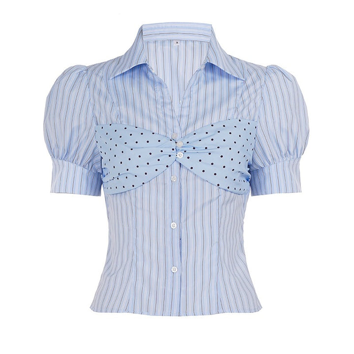 Damen Stylische gestreifte Bluse mit Rüschendetail und Punktenmuster Drune