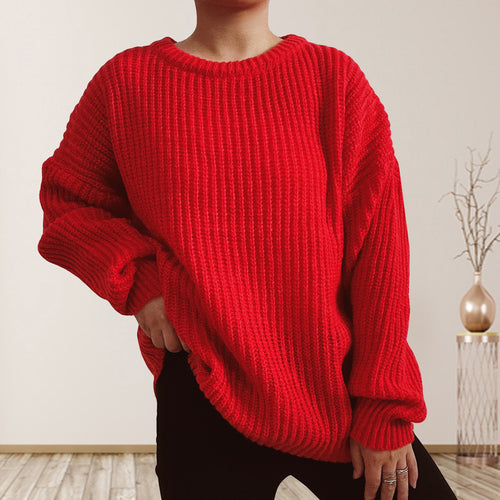 Damen lässiger Grobstrickpullover mit überschnittenen Schultern Drune