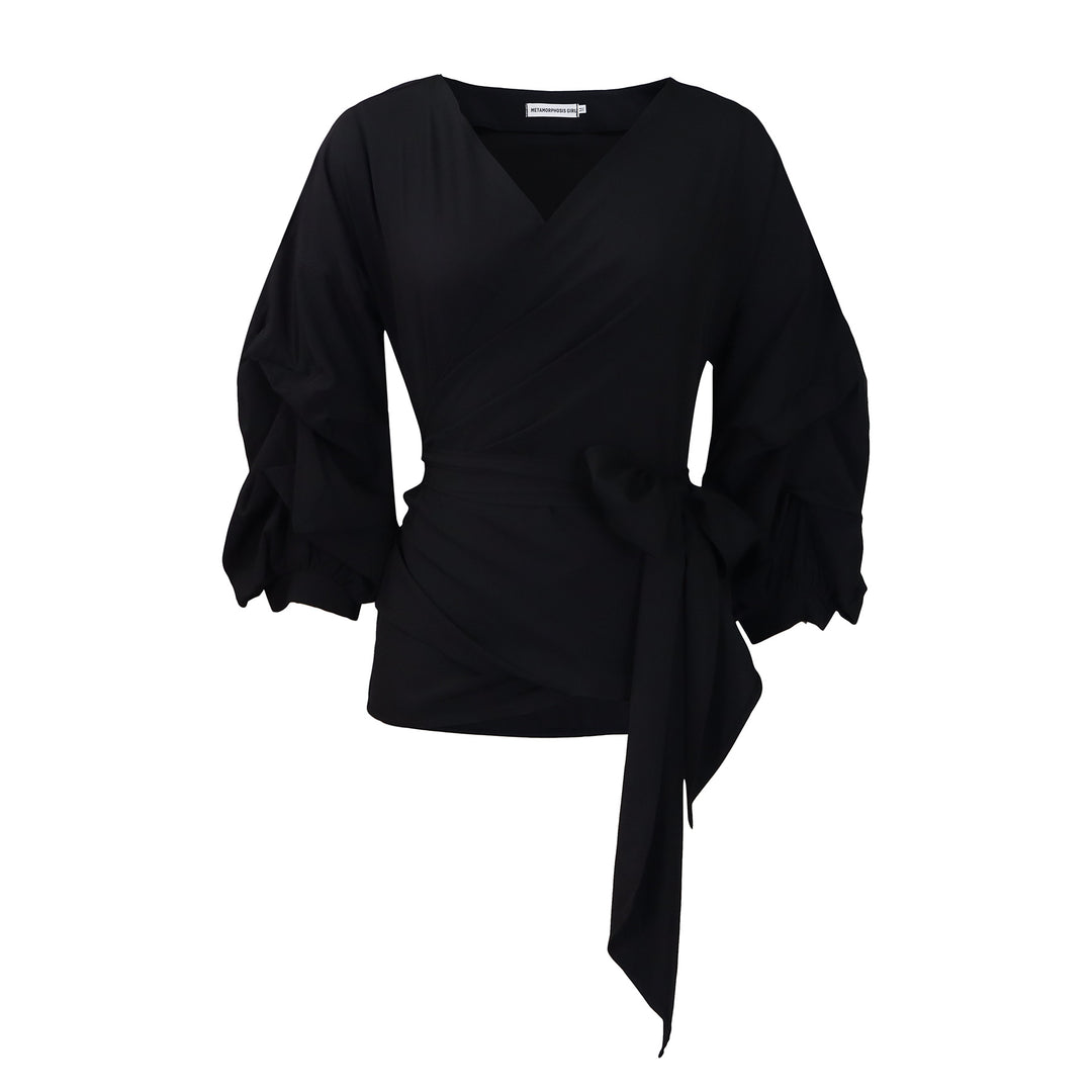 Damen Wickelbluse mit voluminösen Ärmeln und eleganter Schleifenbindung Drune