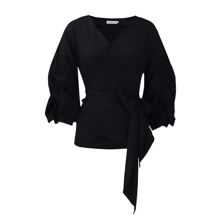 Damen Wickelbluse mit voluminösen Ärmeln und eleganter Schleifenbindung Drune