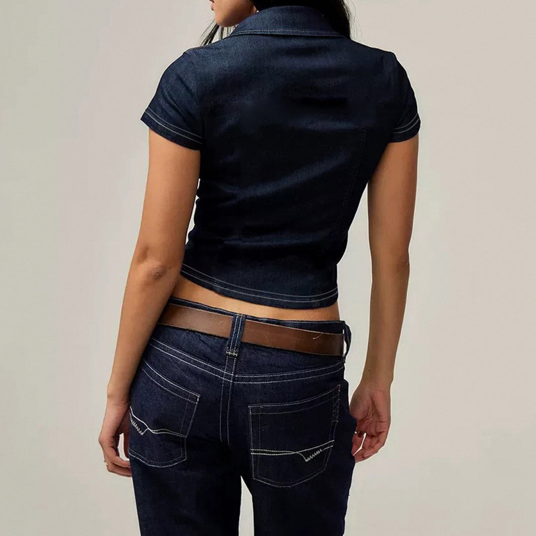 Damen Stylisches Jeanshemd mit taillierter Passform und kurzen Ärmeln Drune