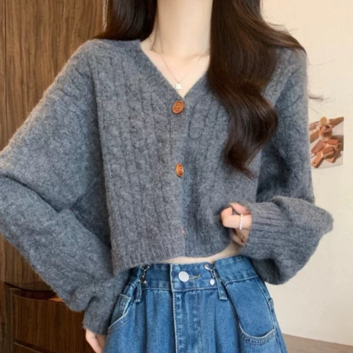 Damen lockerer Strickcardigan mit Zopfmuster und Knopfverschluss Drune