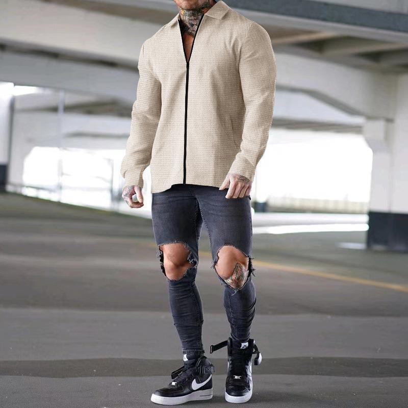 Herren nan strukturiertes Langarm-Hemdjacke mit verdecktem Halbzip, Kentkragen und leichter Waffelstruktur Drune
