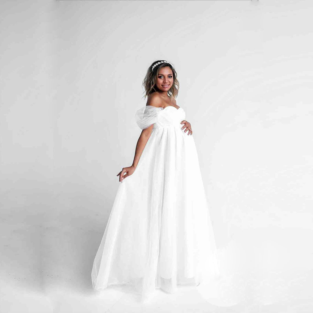 Damen Off-Shoulder Tüll Schwangerschafts-Kleid Drune