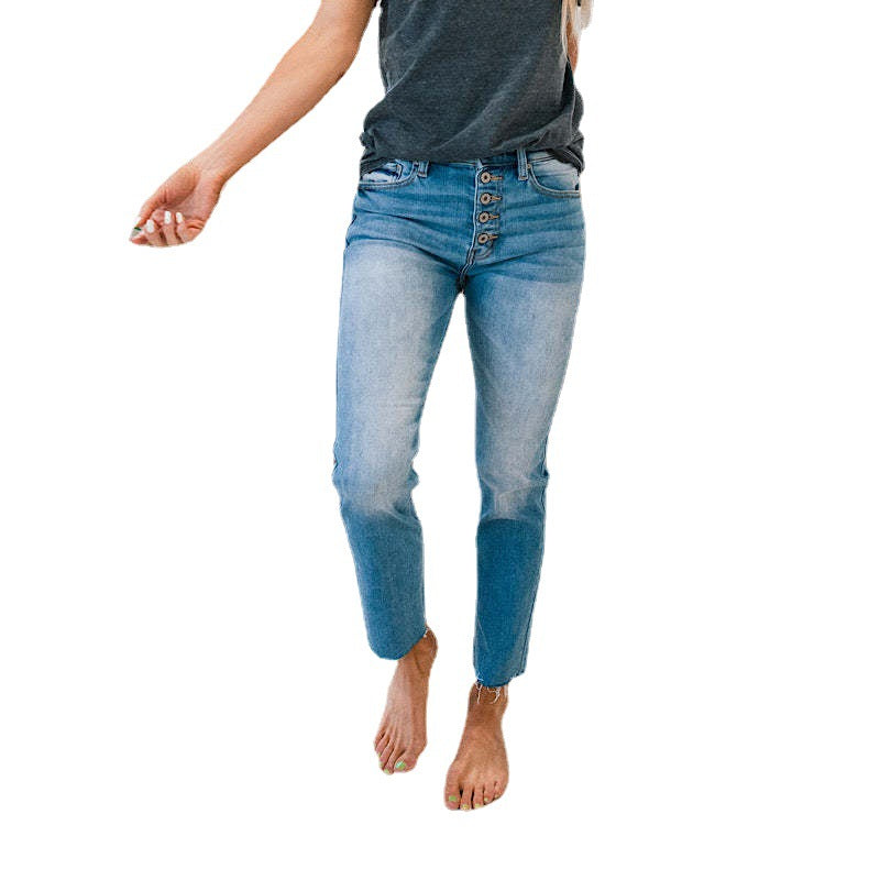 Damen Hochtaillierte Jeans im Used-Look mit Knopfleiste und ausgefransten Säumen Drune
