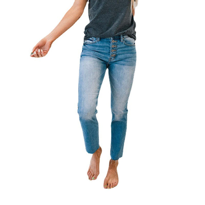 Damen Hochtaillierte Jeans im Used-Look mit Knopfleiste und ausgefransten Säumen Drune