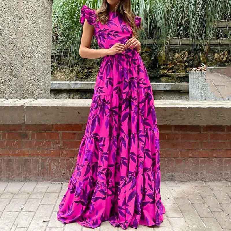 Damen Maxikleid mit Volantärmeln und schwingendem Rock Drune