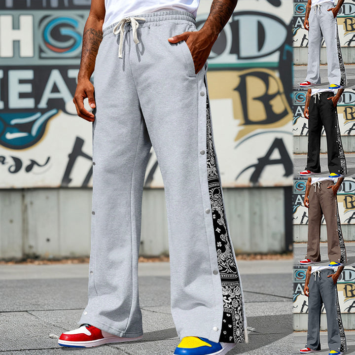 Herren nan weit geschnittene Snap-Front Jogginghose mit Paisley-Seiteneinsatz und elastischem Komfortbund Drune