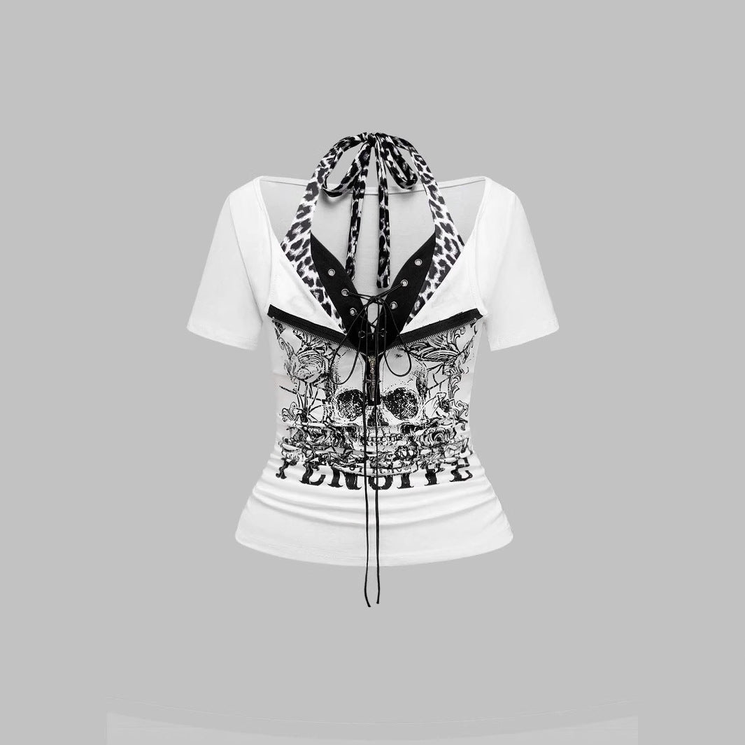 Damen Trendy Crop-Top mit einzigartigem Grafikdruck und Schnürdetails Drune