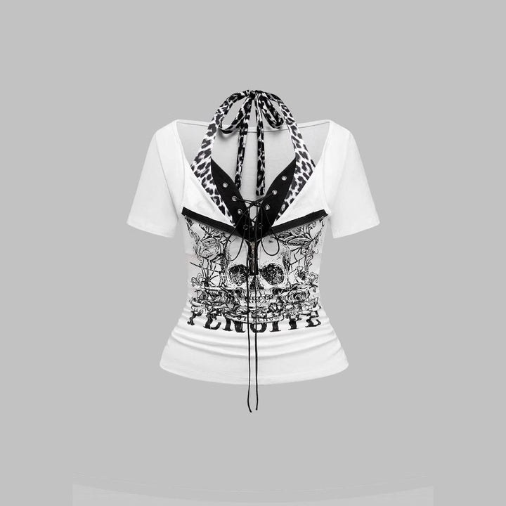 Damen Trendy Crop-Top mit einzigartigem Grafikdruck und Schnürdetails Drune