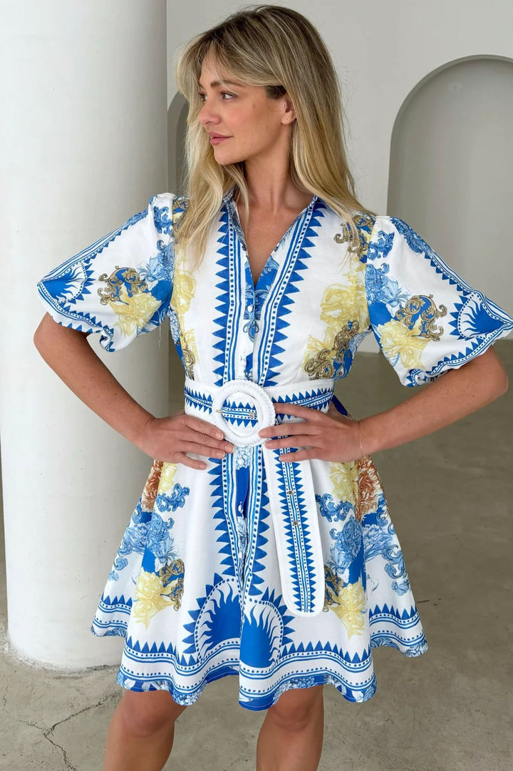 Damen Kurzarmkleid mit elegantem floralem Design und gerafftem Bund Drune
