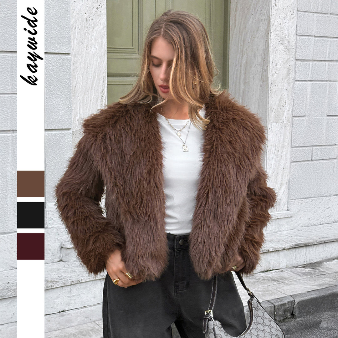 Damen nan kurzer Faux‑Fur‑Mantel mit breitem Stehkragen, dichter Flor und wärmender Innenfütterung Drune