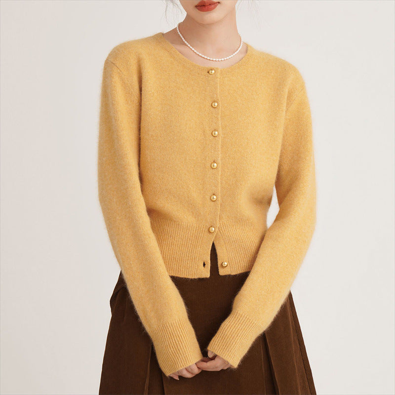 Damen gestreifte Strickjacke aus feinem Material mit goldenen Knöpfen Drune