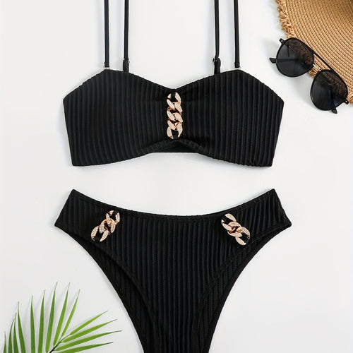 Damen Bikini Set mit elegantem Rüschen-Detail und modischen Kettenakzenten Drune