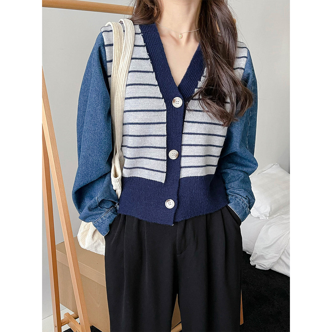 Damen modische Strickjacke mit modernen Streifen-Design und Raglanärmeln Drune