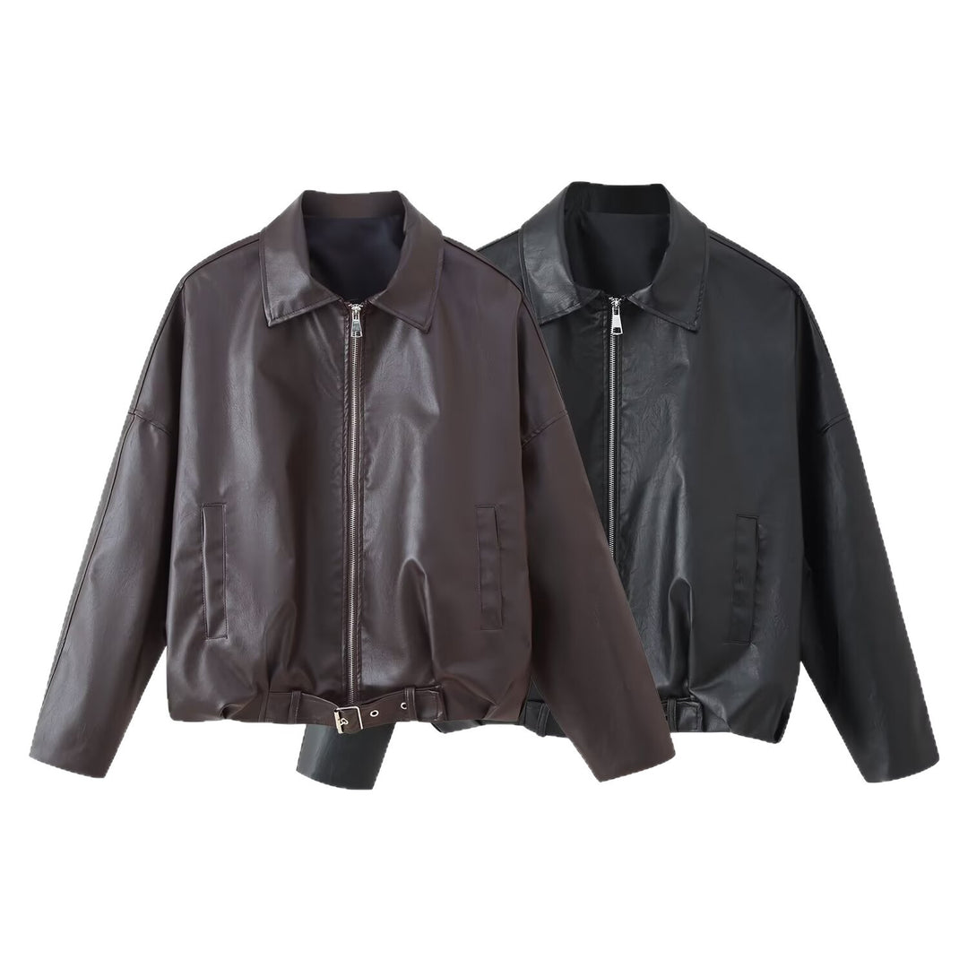 Damen Künstliche Lederjacke mit hohem Kragen und praktischen Taschen Drune