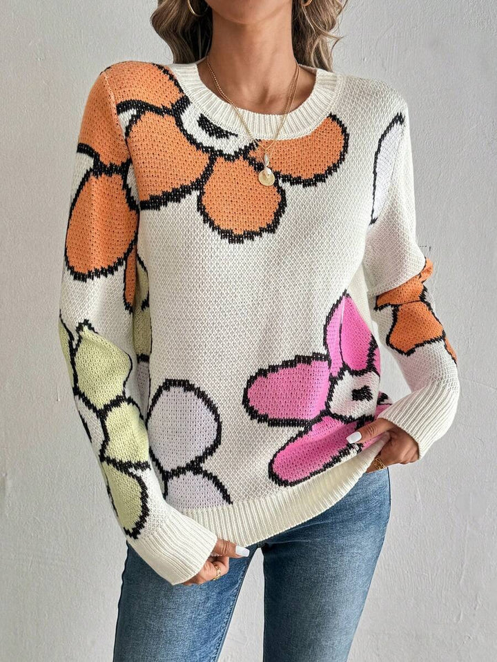 Damen Strickpullover mit buntem Blumenmuster Drune