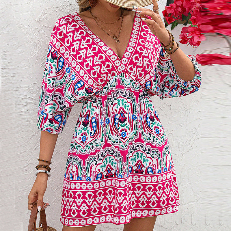 Damen Boho-Kleid mit weiten Ärmeln und detailverliebt floralen Mustern Drune