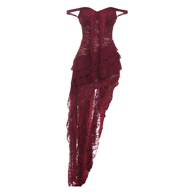 Damen asymmetrisches Spitzenkleid mit Rüschendetails Drune